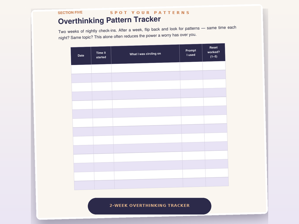 Close-up of the 2-week overthinking pattern tracker page from the workbook