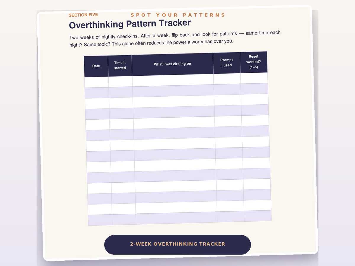 Close-up of the 2-week overthinking pattern tracker page from the workbook